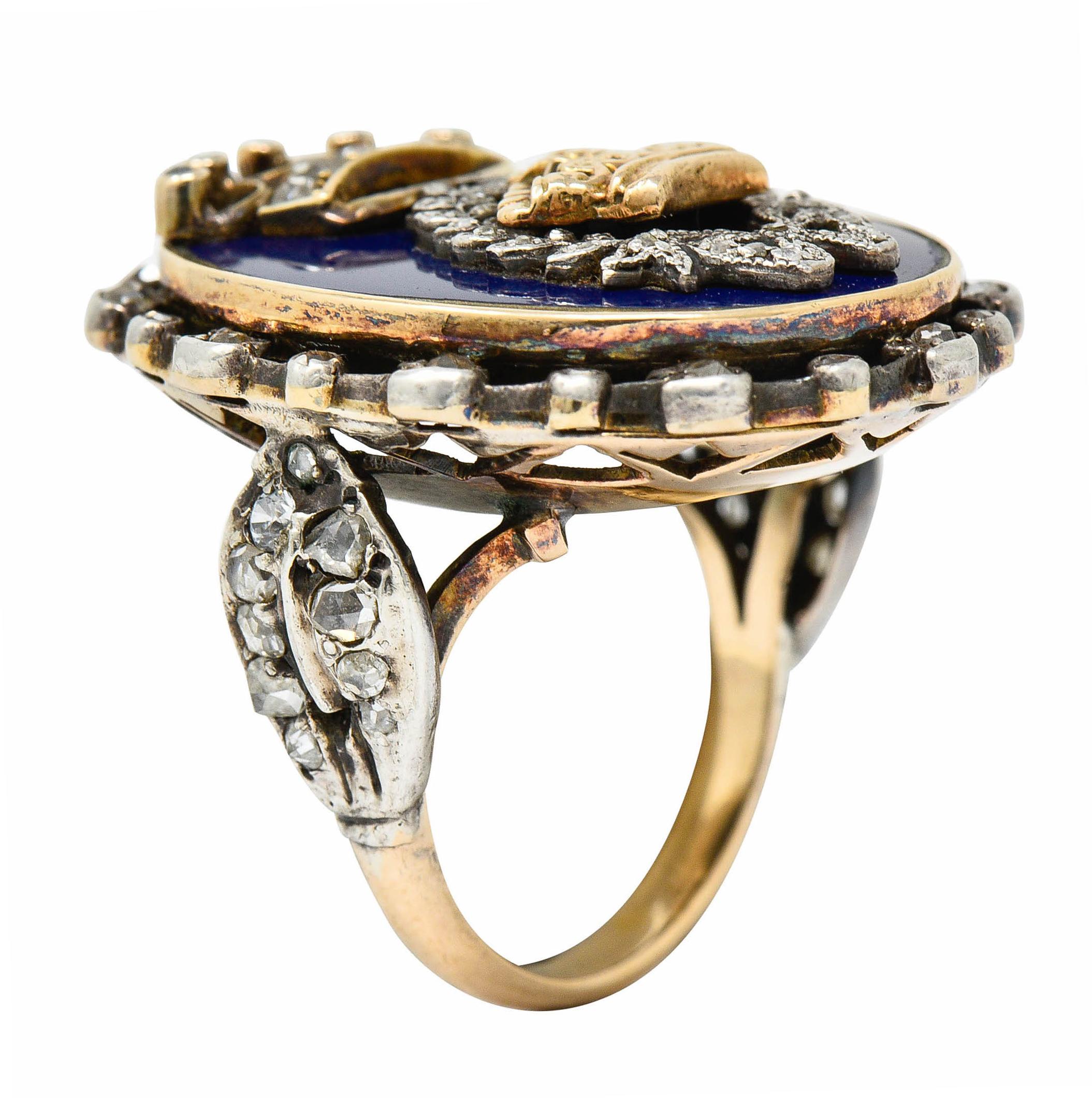 Victorian Enamel Diamond Silver-Topped 14 Karat Gold Crown Ring 1