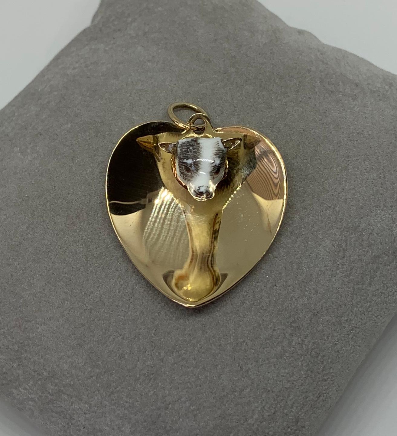 Victorian Enamel Dog Heart Jack Russell Terrier Pendant Necklace 14 Karat Gold For Sale 4