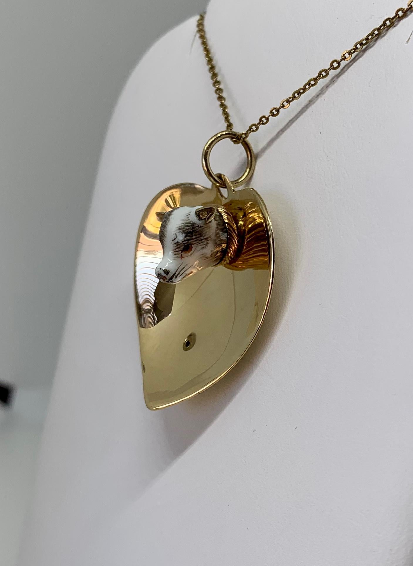 Victorian Enamel Dog Heart Jack Russell Terrier Pendant Necklace 14 Karat Gold For Sale 6