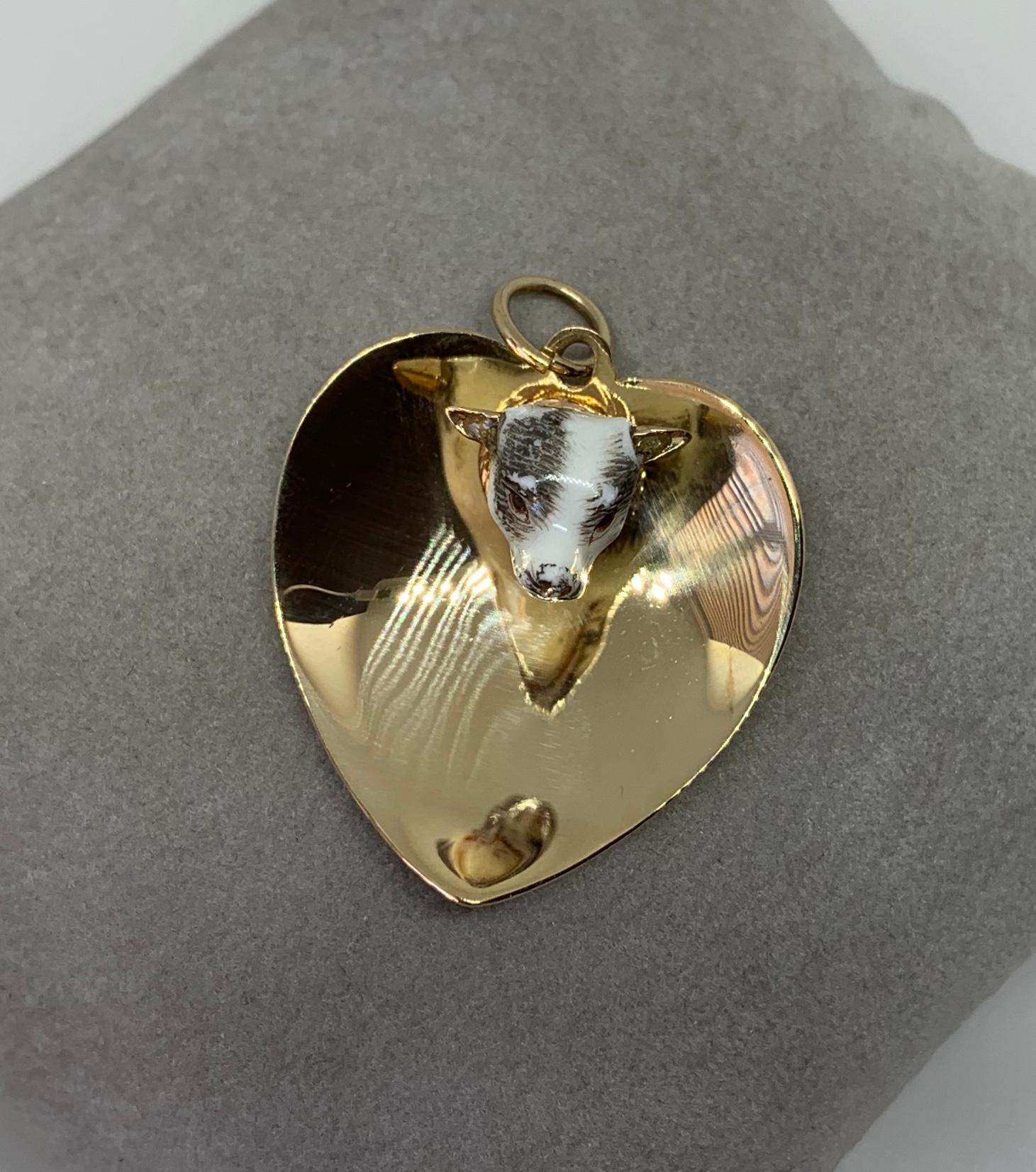 Victorian Enamel Dog Heart Jack Russell Terrier Pendant Necklace 14 Karat Gold For Sale 2