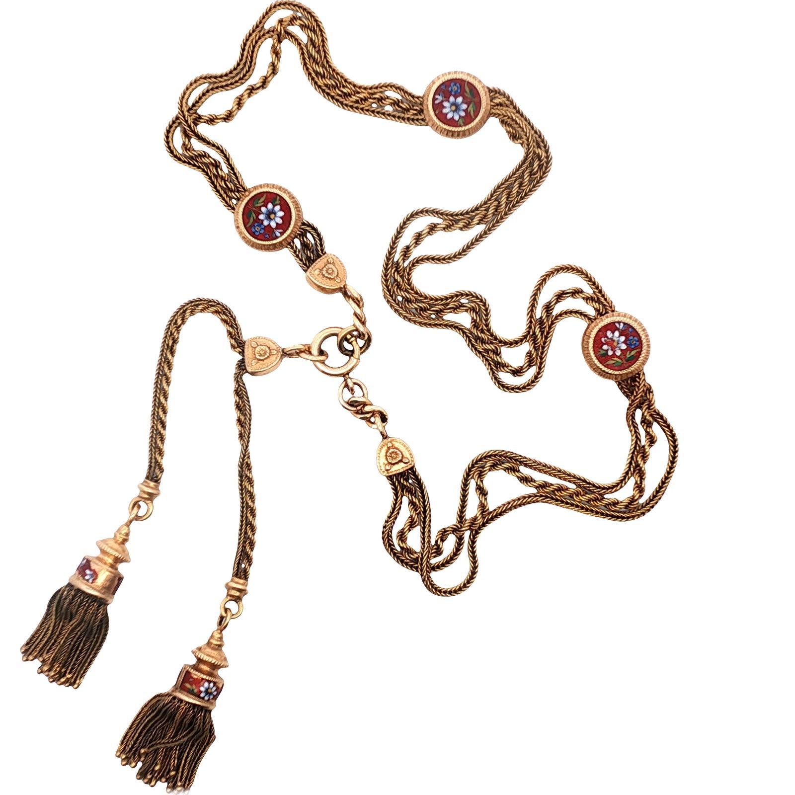 Vittoriano Collana con nappe in oro con smalto vittoriano e design floreale Antiquariato in vendita