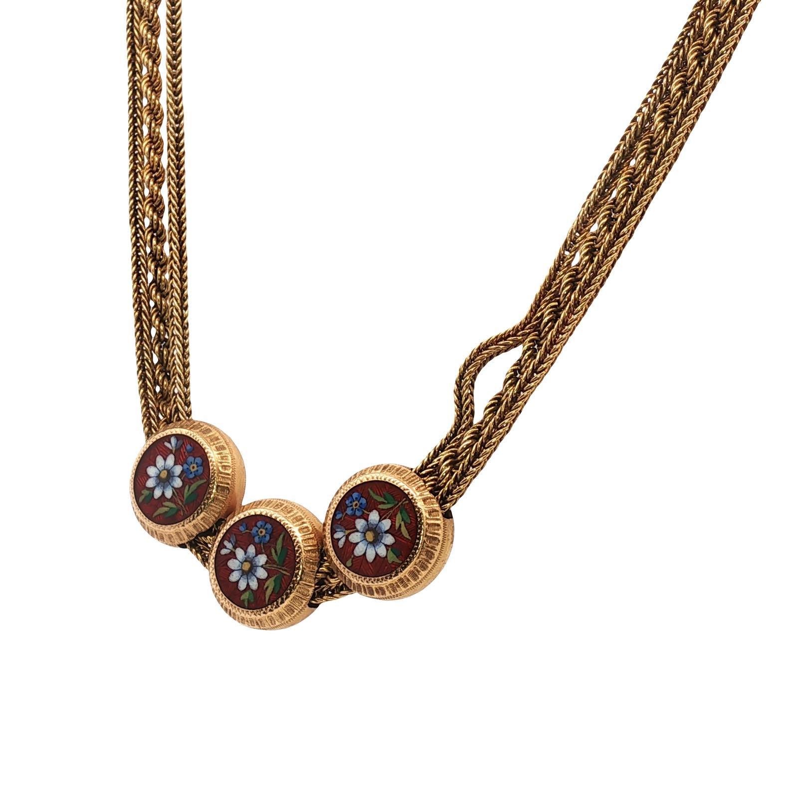 Collana con nappe in oro con smalto vittoriano e design floreale Antiquariato in vendita 1