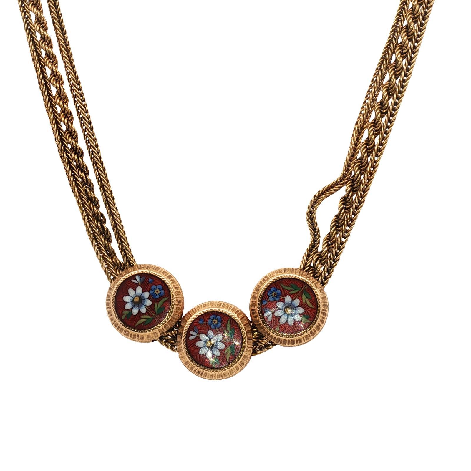 Collana con nappe in oro con smalto vittoriano e design floreale Antiquariato in vendita 2