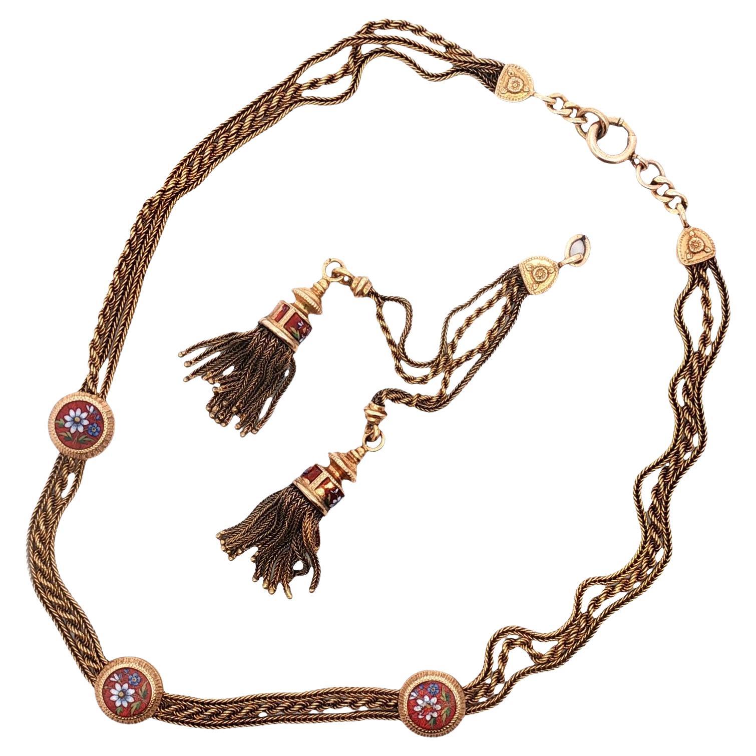 Collana con nappe in oro con smalto vittoriano e design floreale Antiquariato