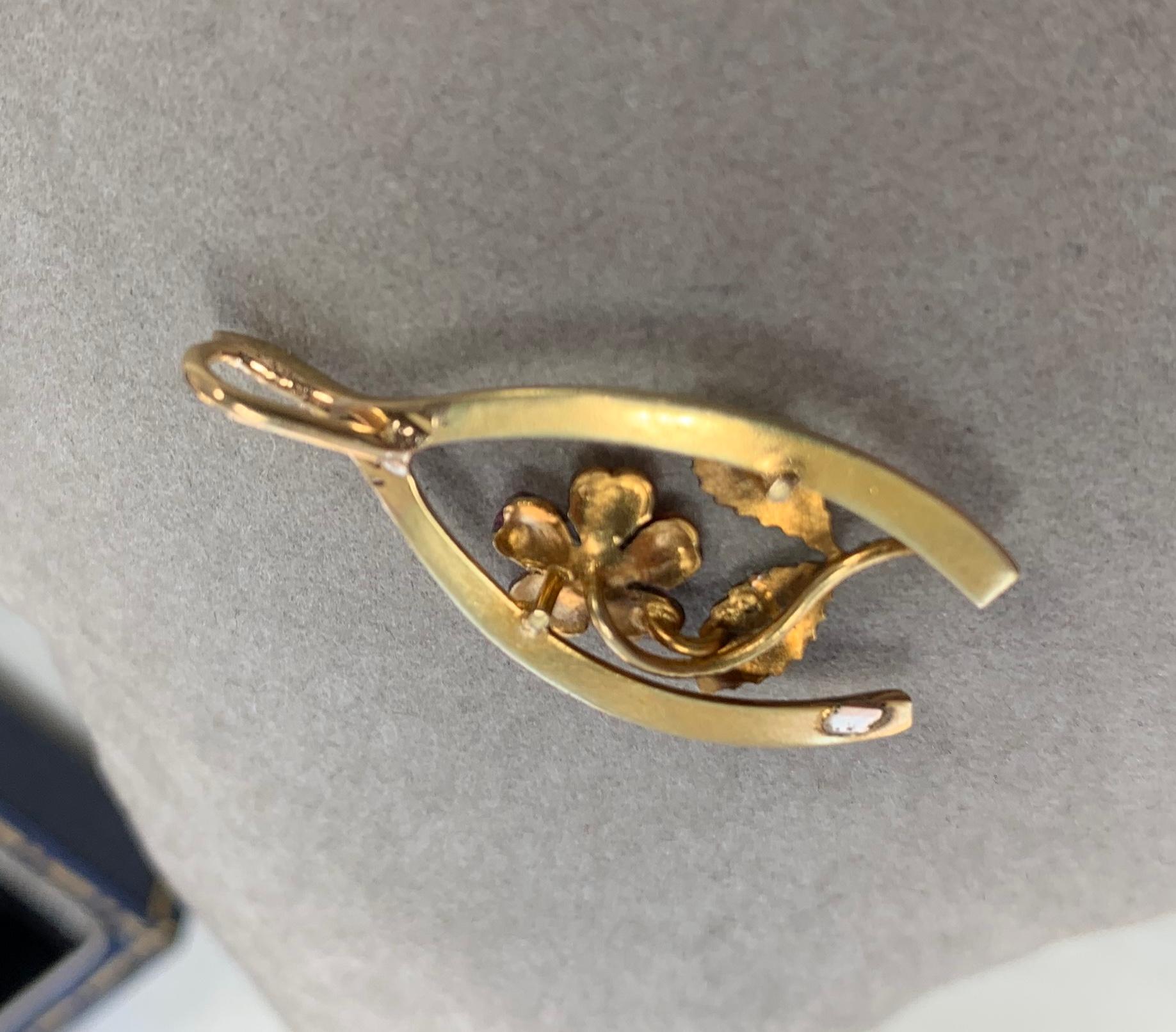 Victorian Enamel Forget Me Not Flower Pendant Necklace Horseshoe Wishbone Gold For Sale 5