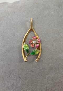 Victorian Enamel Forget Me Not Flower Pendant Necklace Horseshoe Wishbone Gold