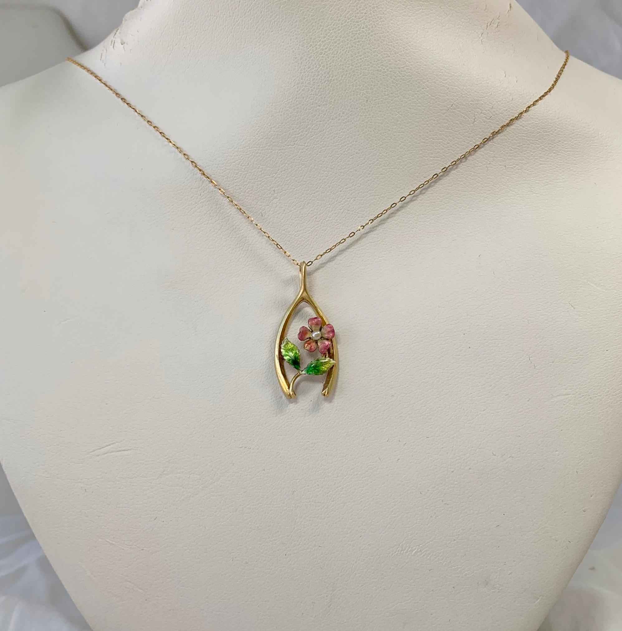 Bead Victorian Enamel Forget Me Not Flower Pendant Necklace Horseshoe Wishbone Gold For Sale