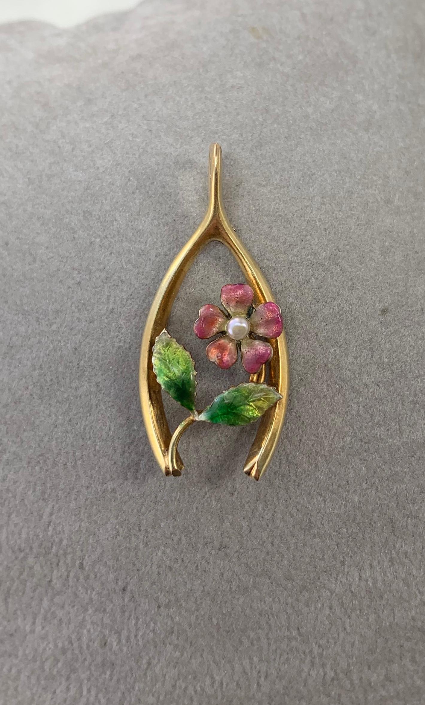 Victorian Enamel Forget Me Not Flower Pendant Necklace Horseshoe Wishbone Gold For Sale 1