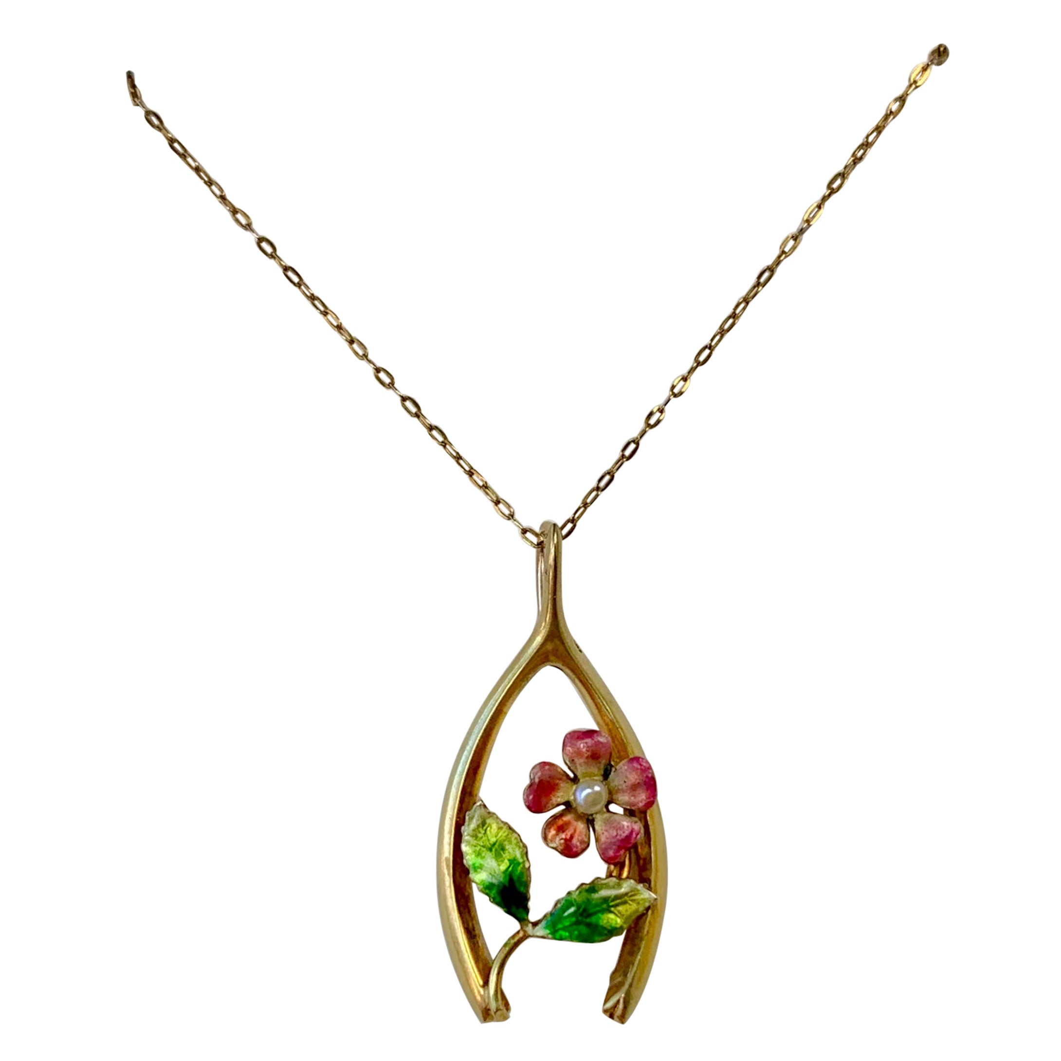 Viktorianische Emaille Forget Me Not Blume Anhänger Halskette Hufeisen Wishbone Gold