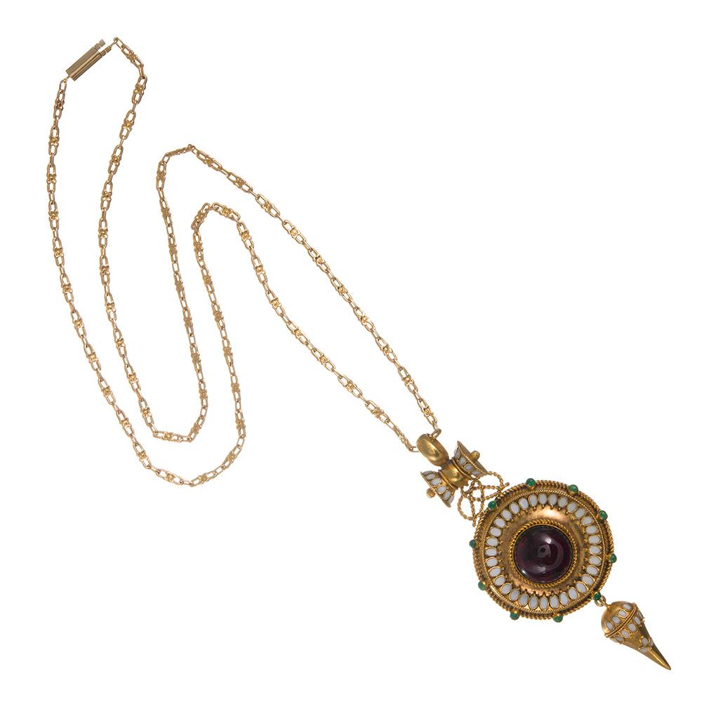 Women's or Men's Victorian Enamel Garnet Gold Etruscan Revival Locket Pendant