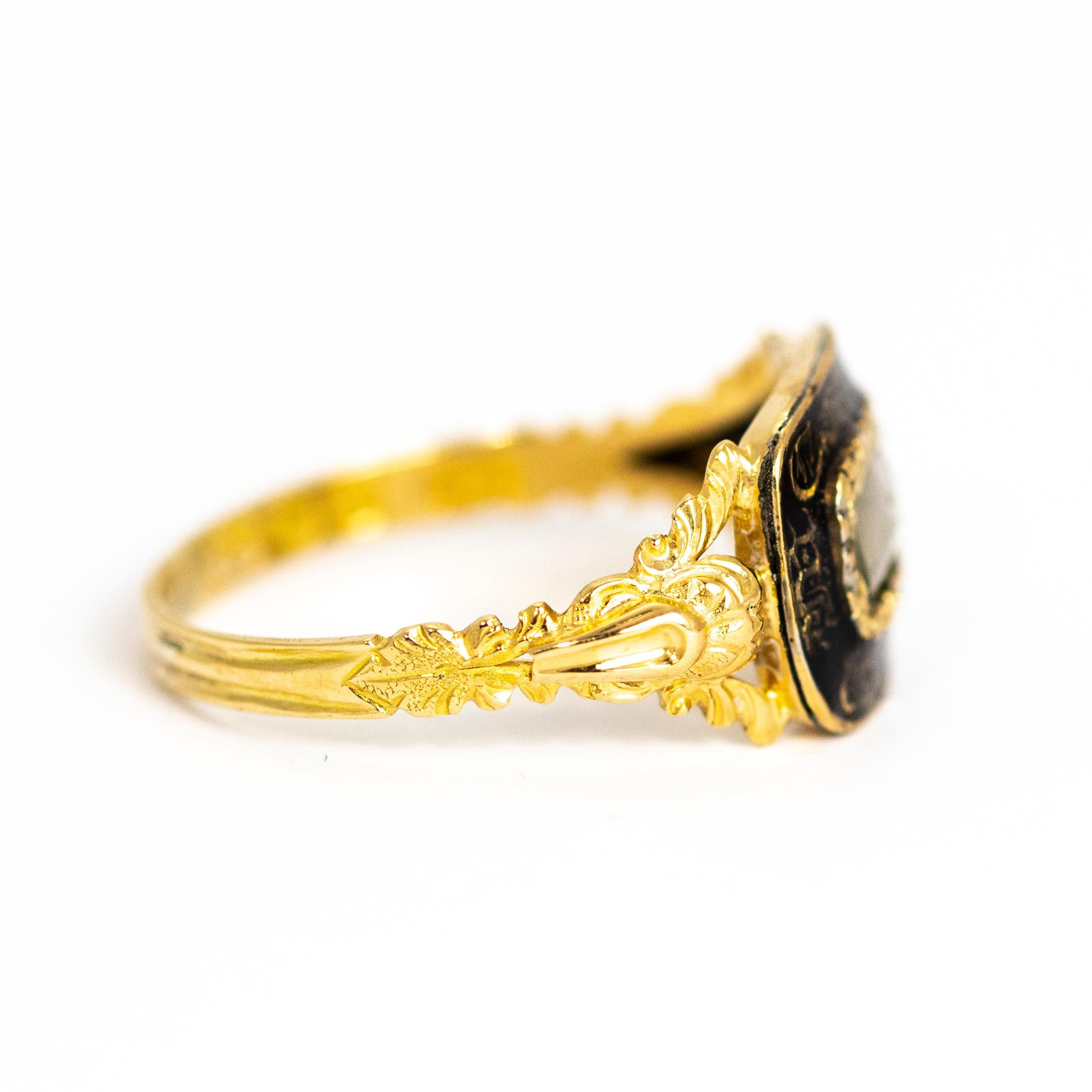 Women's or Men's Victorian Enamel Glazed Locket Front Mourning 18 Carat Gold Ring
