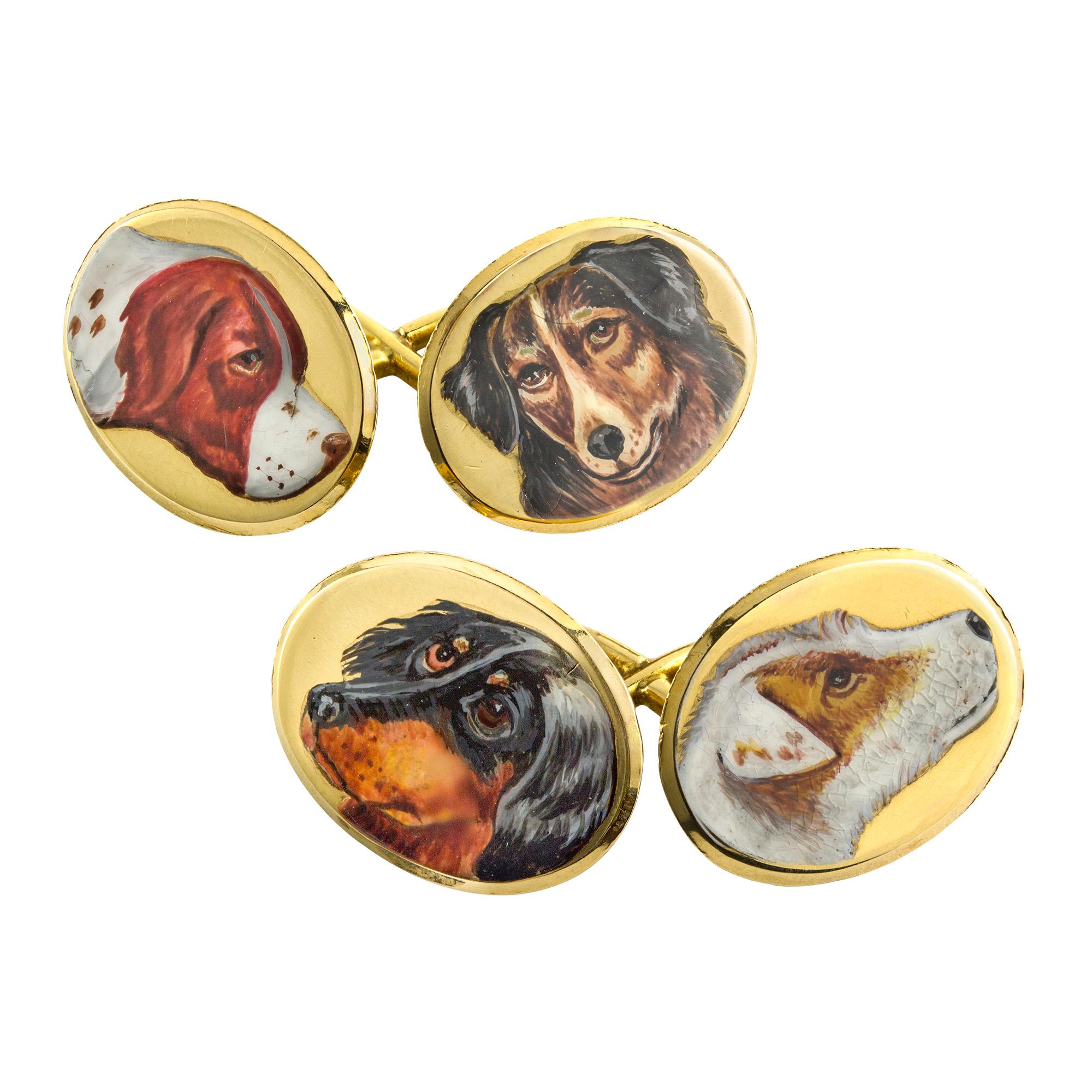A pair of Victorian 18ct gold cufflinks enamelled with four different dog portraits, the oval links measuring approximately 17 x 13mm, figure of eight link connections, hallmarked Birmingham 1889, signed with maker's monogram JG entwined, gross