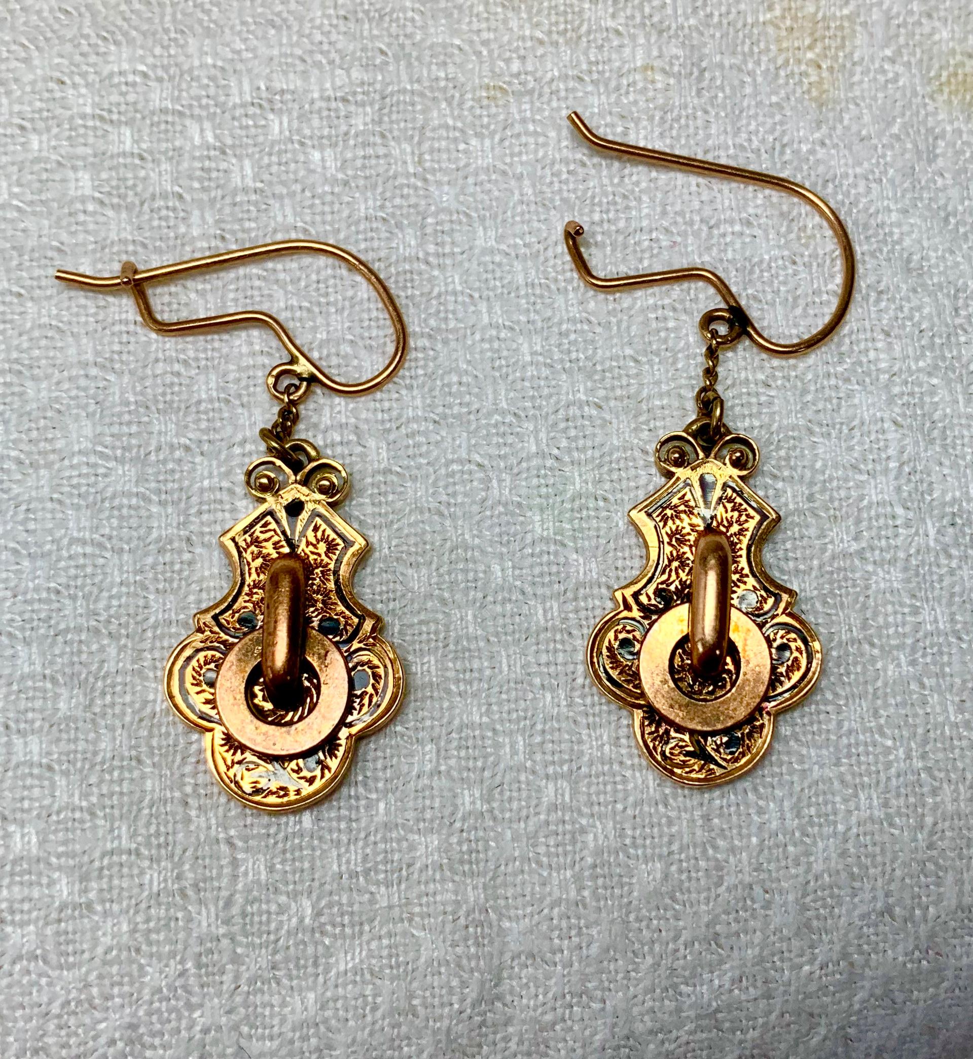 Victorian Enamel Gold Door Knocker Pendant Earrings 14 Karat Gold In Good Condition In New York, NY