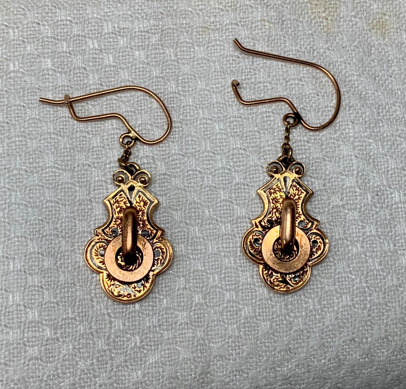 Women's Victorian Enamel Gold Door Knocker Pendant Earrings 14 Karat Gold