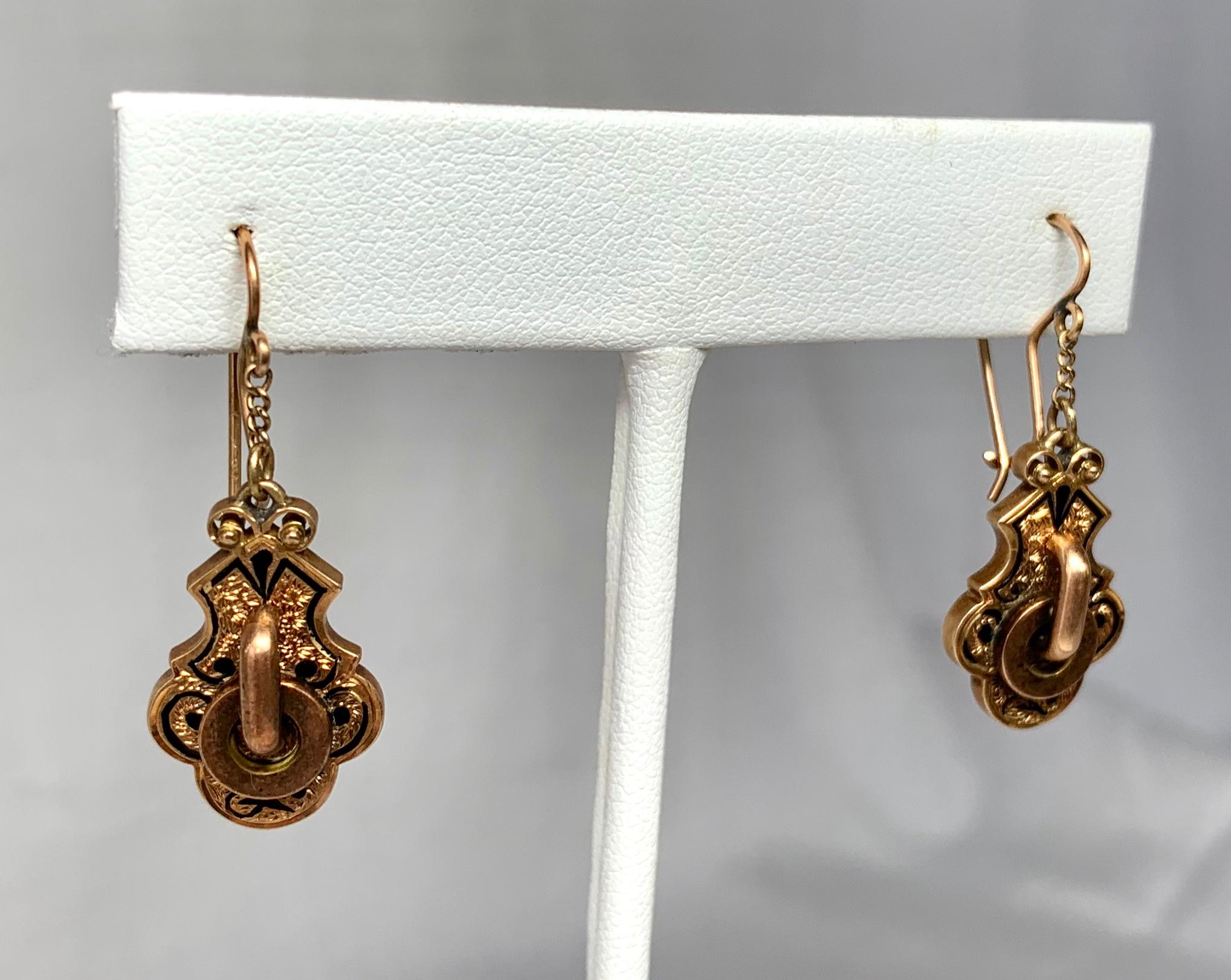 Victorian Enamel Gold Door Knocker Pendant Earrings 14 Karat Gold 3