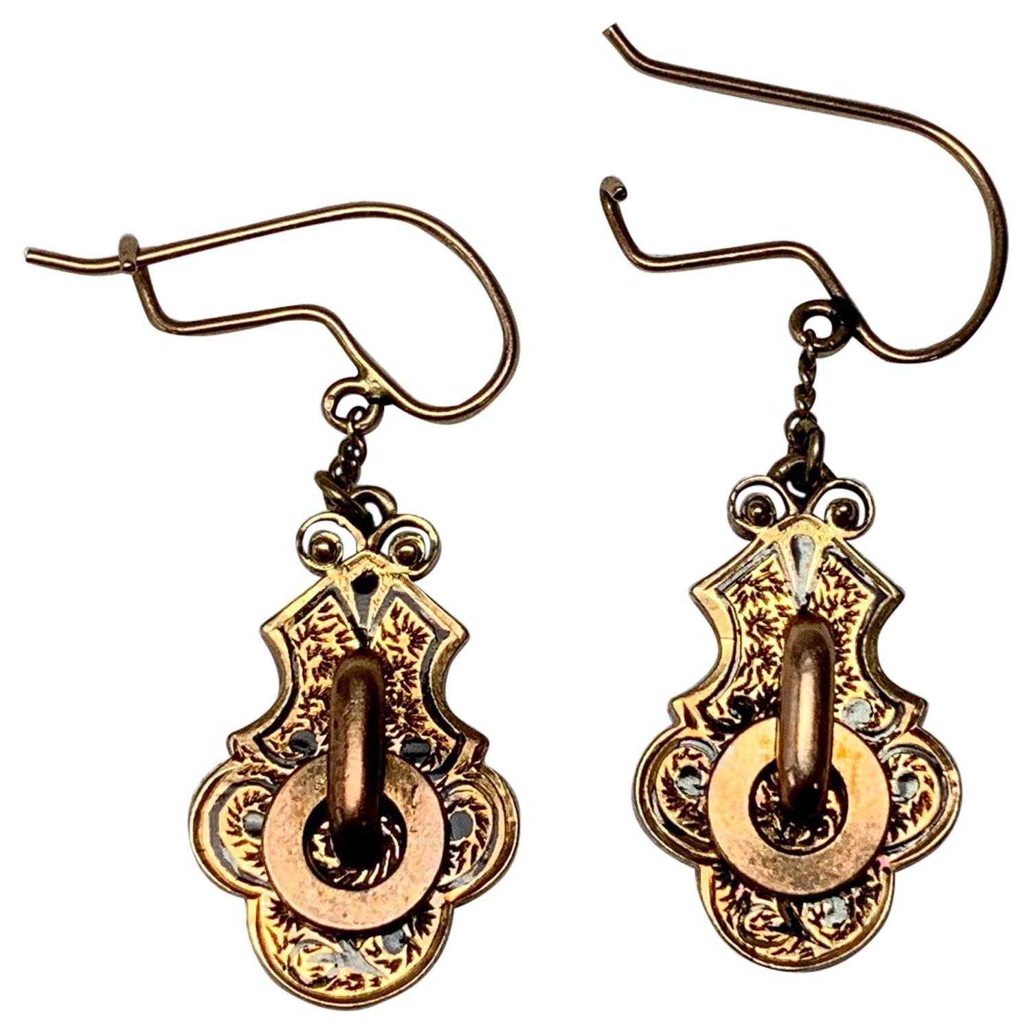 Victorian Enamel Gold Door Knocker Pendant Earrings 14 Karat Gold