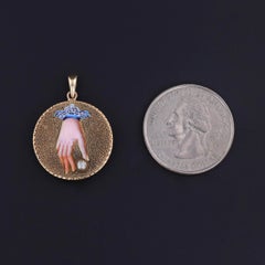 Victorian Enamel Hand with Pearl Pendant of 14k Gold