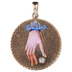 Victorian Enamel Hand with Pearl Pendant of 14k Gold