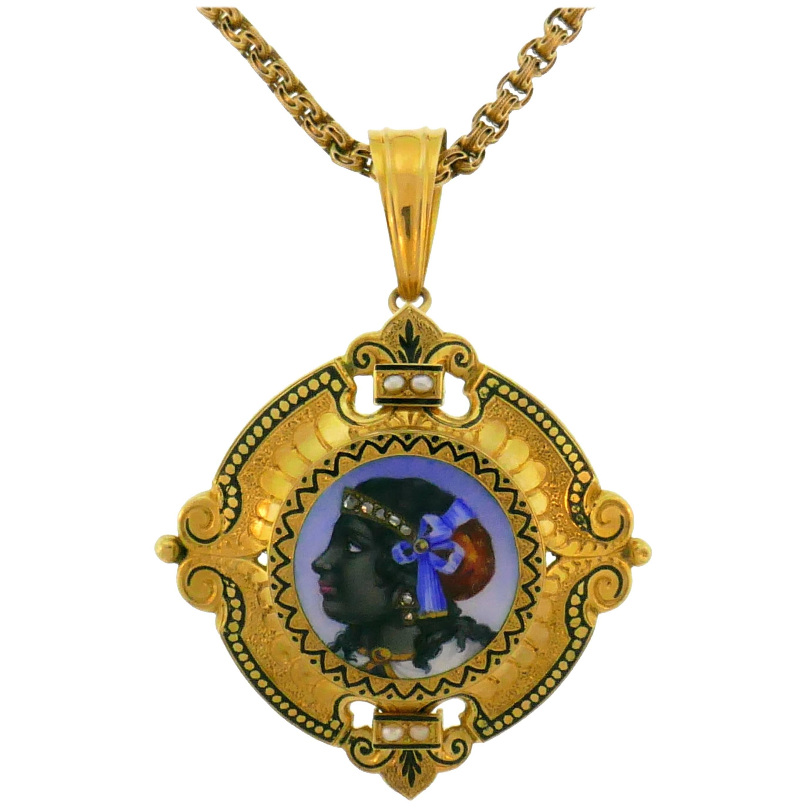 Victorian Enamel Painting Gold Pin Brooch Necklace Pendant For Sale