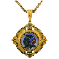 Victorian Enamel Painting Gold Pin Brooch Necklace Pendant