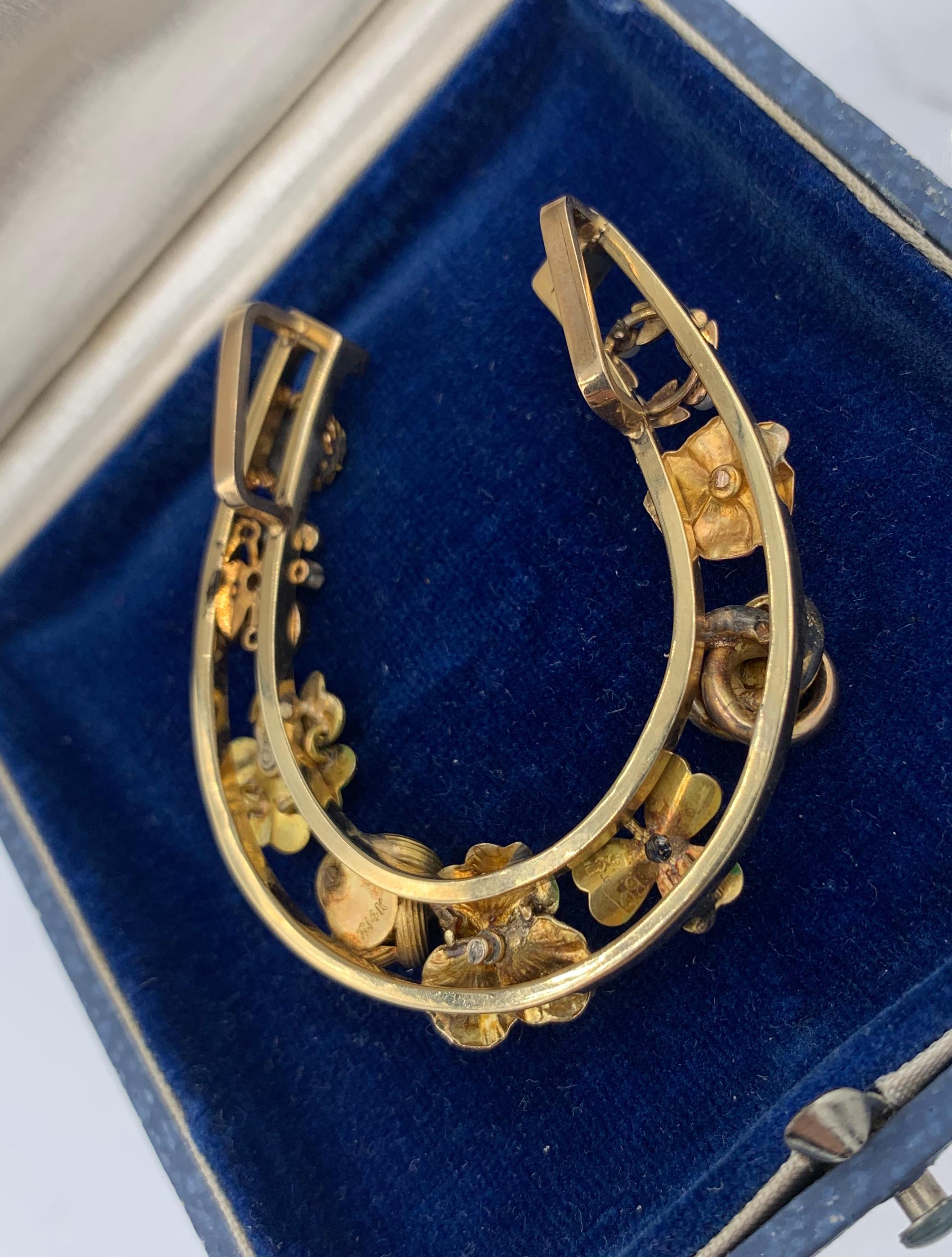 Victorian Enamel Pansy Clover Flower OMC Diamond Pendant Necklace Horseshoe Gold For Sale 2
