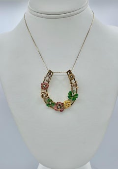 Victorian Enamel Pansy Clover Flower OMC Diamond Pendant Necklace Horseshoe Gold