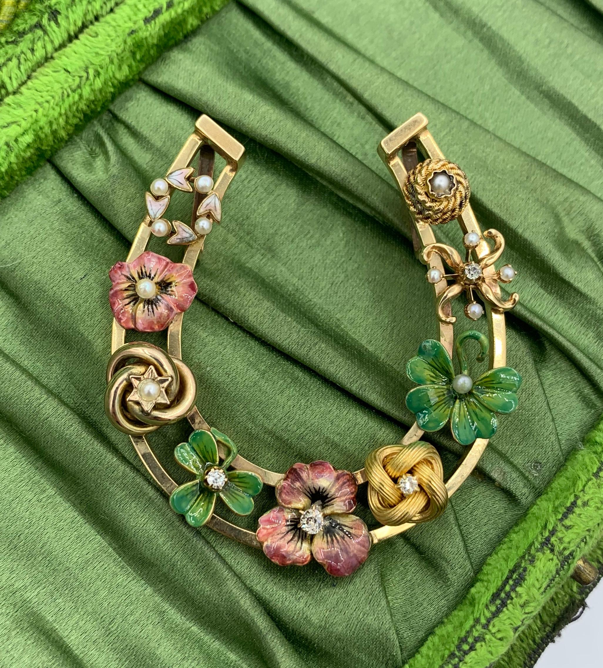 Old Mine Cut Victorian Enamel Pansy Clover Flower OMC Diamond Pendant Necklace Horseshoe Gold For Sale