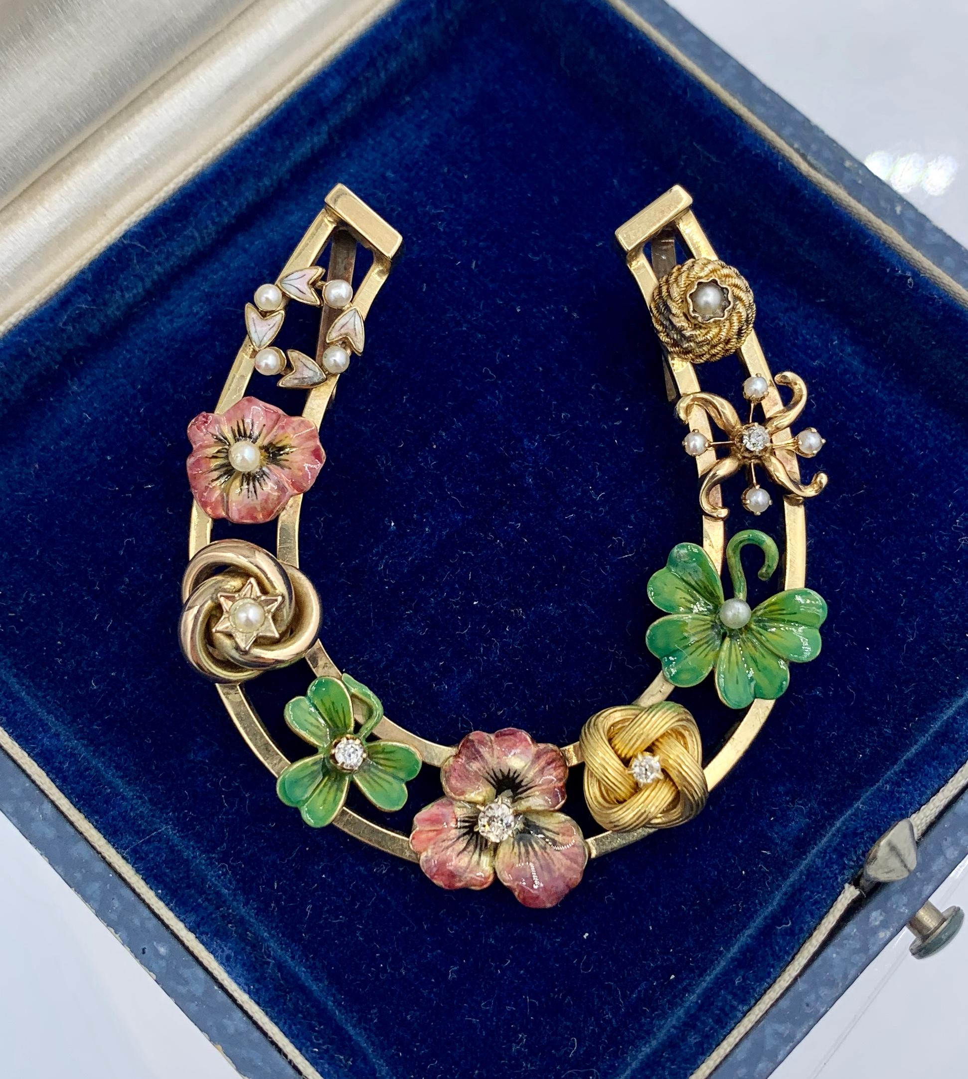 Victorian Enamel Pansy Clover Flower OMC Diamond Pendant Necklace Horseshoe Gold In Excellent Condition For Sale In New York, NY