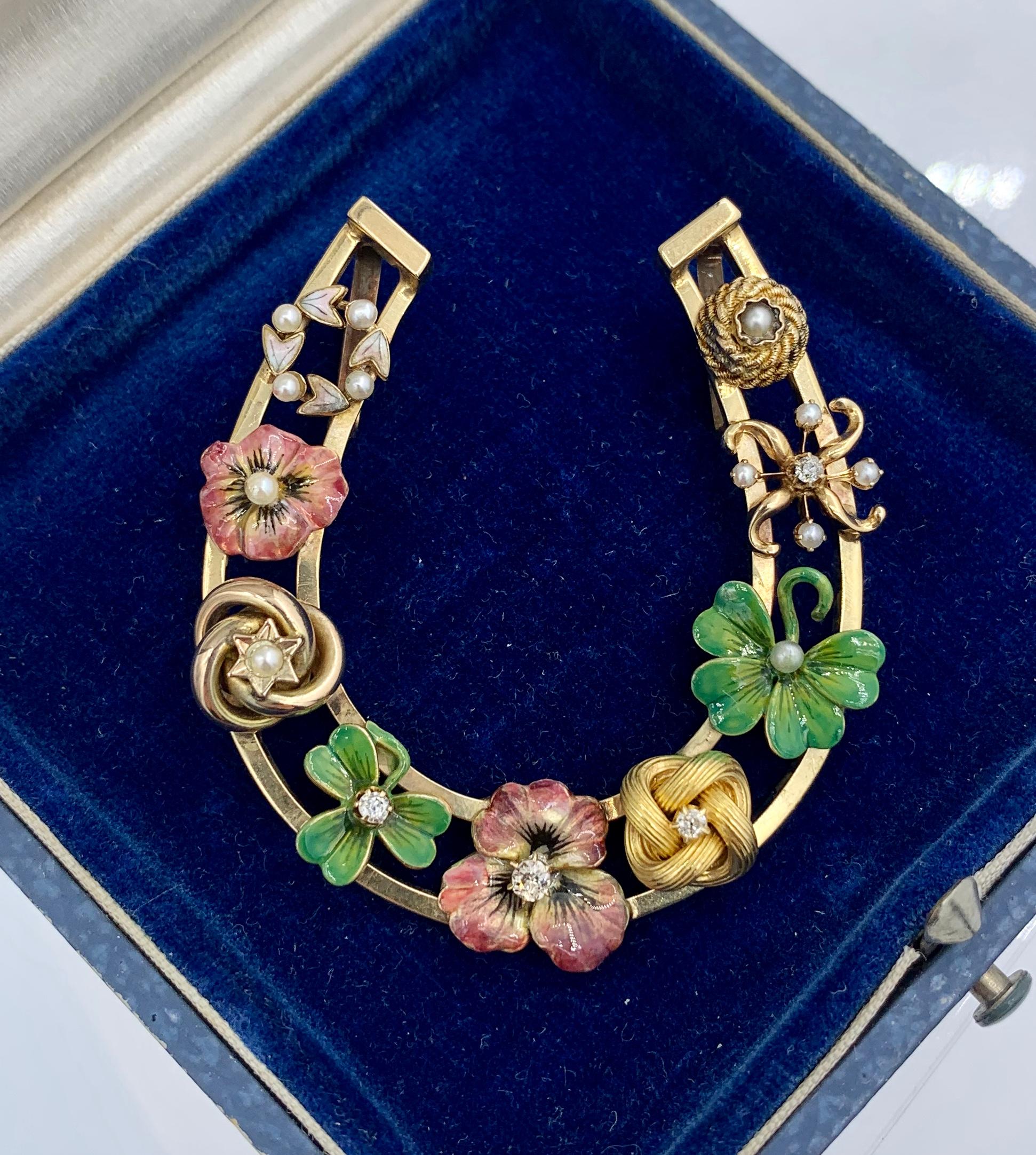 Collar Colgante Esmalte Victoriano Flor Pensamiento Trébol OMC Diamante Herradura Oro en venta 2