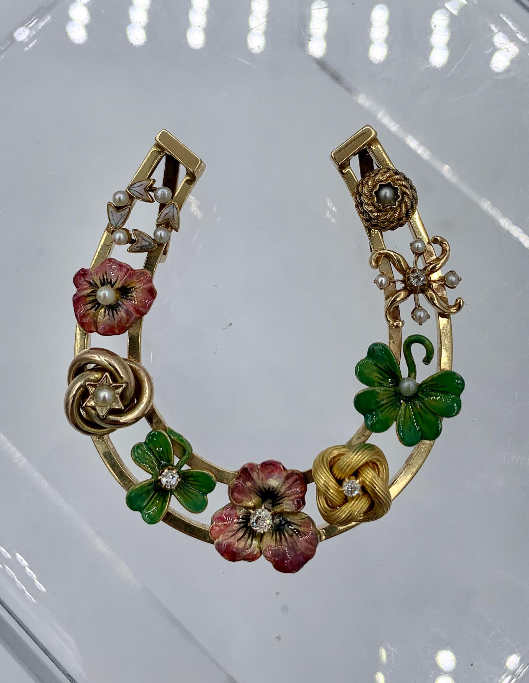 Women's or Men's Victorian Enamel Pansy Clover Flower OMC Diamond Pendant Necklace Horseshoe Gold For Sale