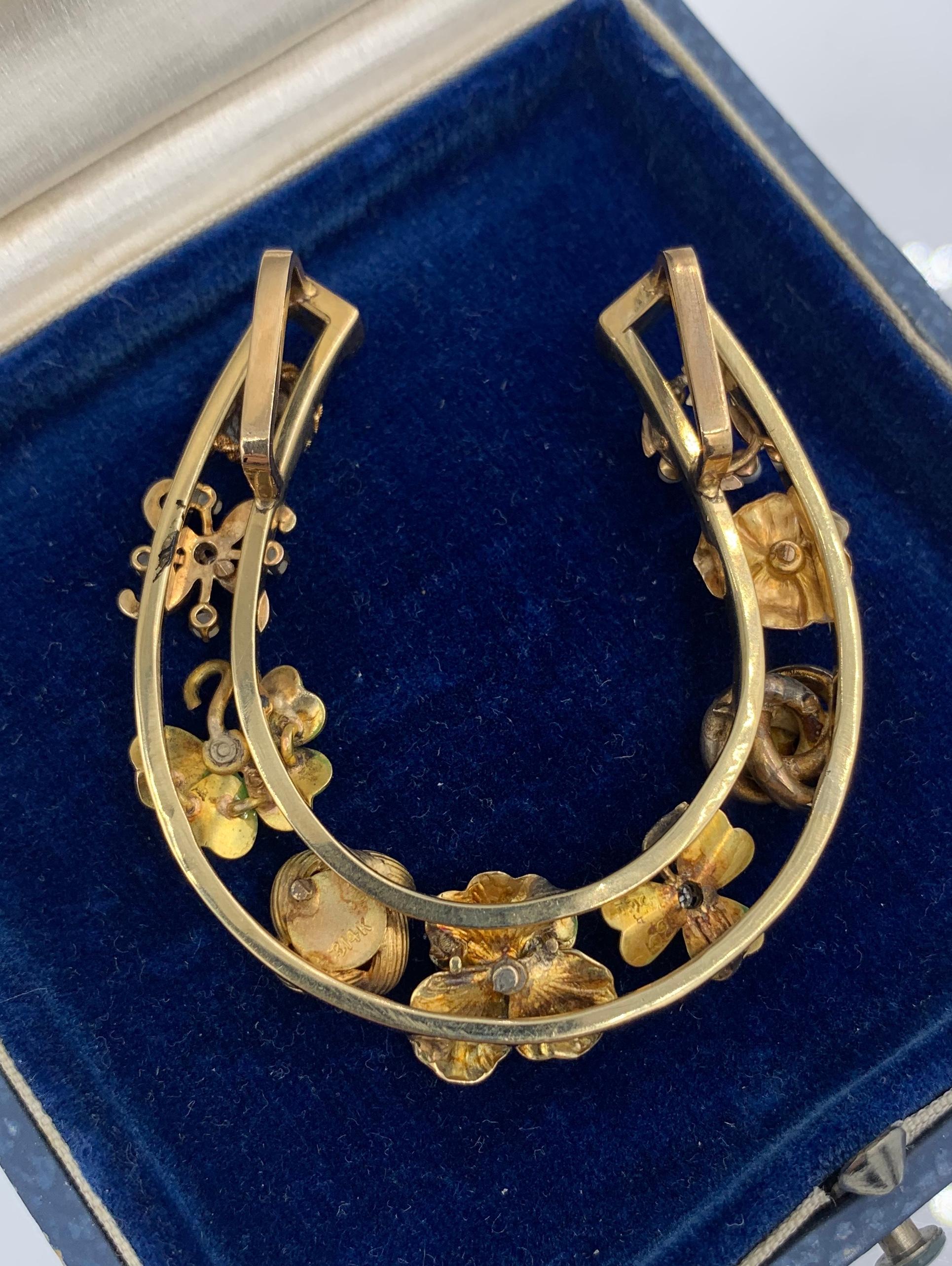 Victorian Enamel Pansy Clover Flower OMC Diamond Pendant Necklace Horseshoe Gold For Sale 1