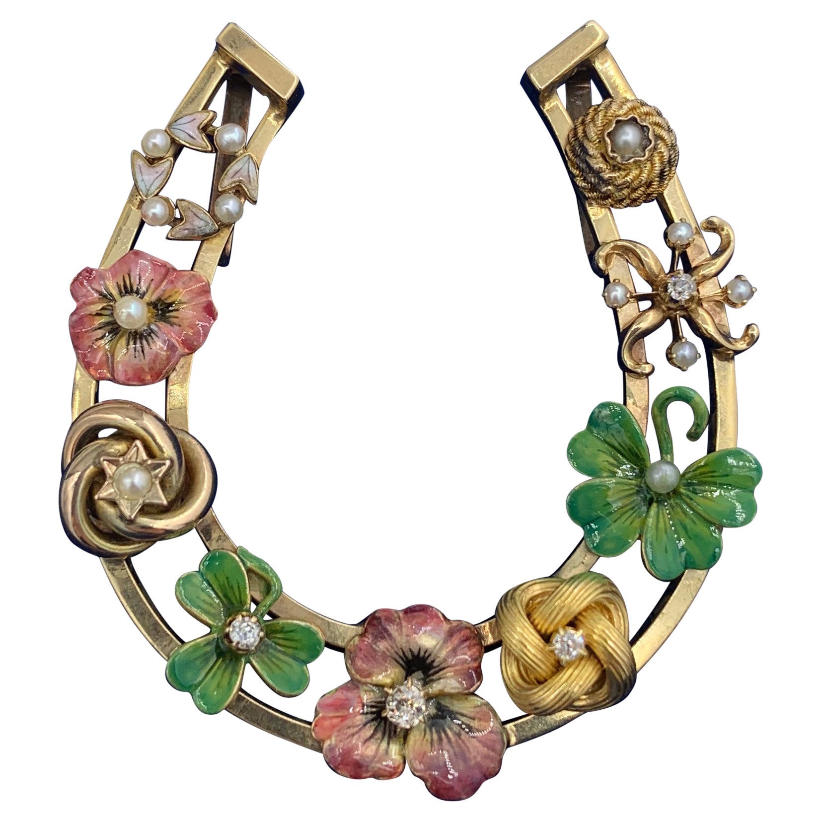 Viktorianische Emaille Stiefmütterchen Kleeblatt Blume OMC Diamant Anhänger Halskette Hufeisen Gold im Angebot