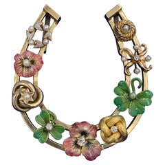 Viktorianische Emaille Stiefmütterchen Kleeblatt Blume OMC Diamant Anhänger Halskette Hufeisen Gold