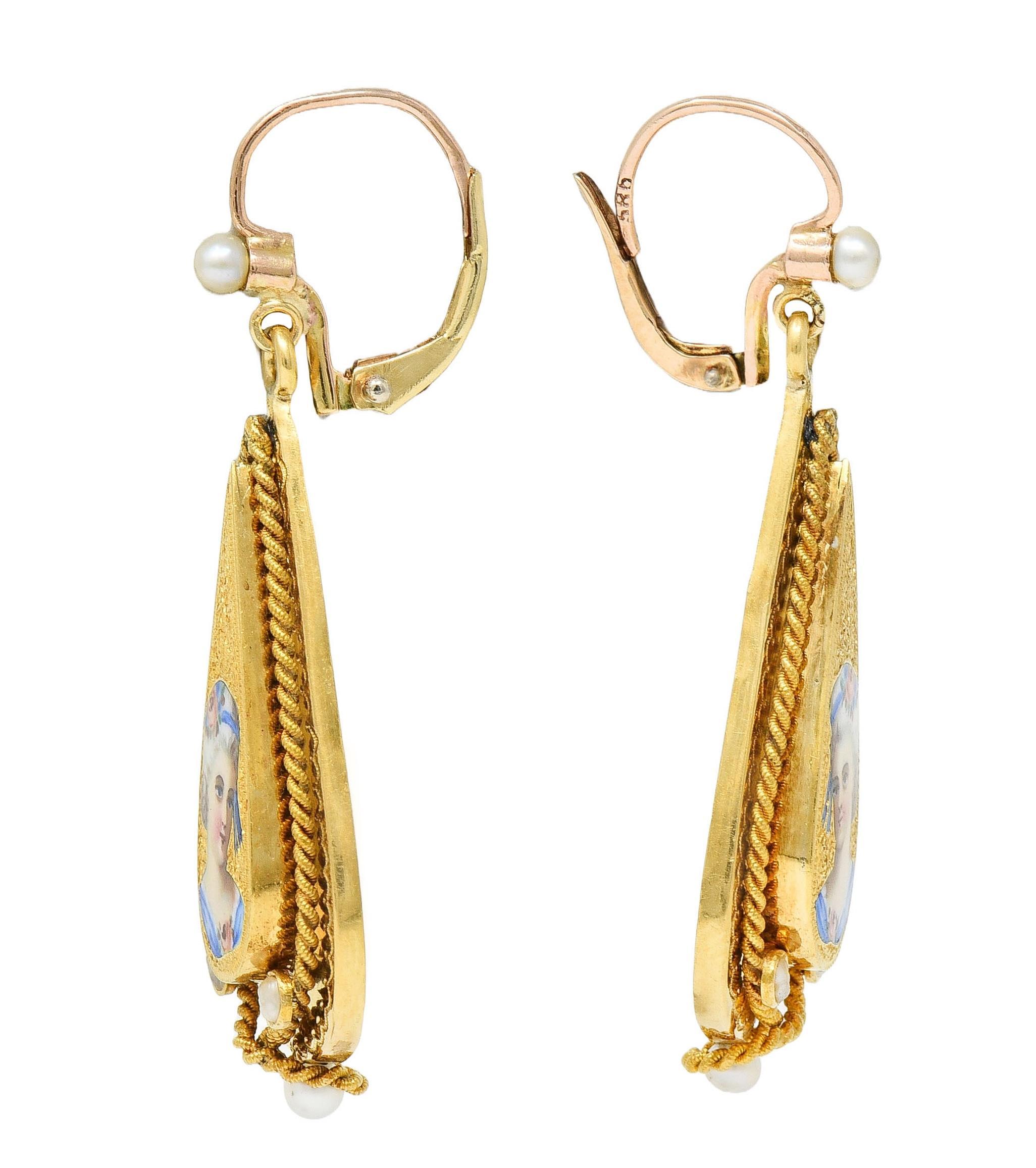 Round Cut Victorian Enamel Pearl 14 Karat Yellow Gold Antique Painted Lady Drop Earrings For Sale