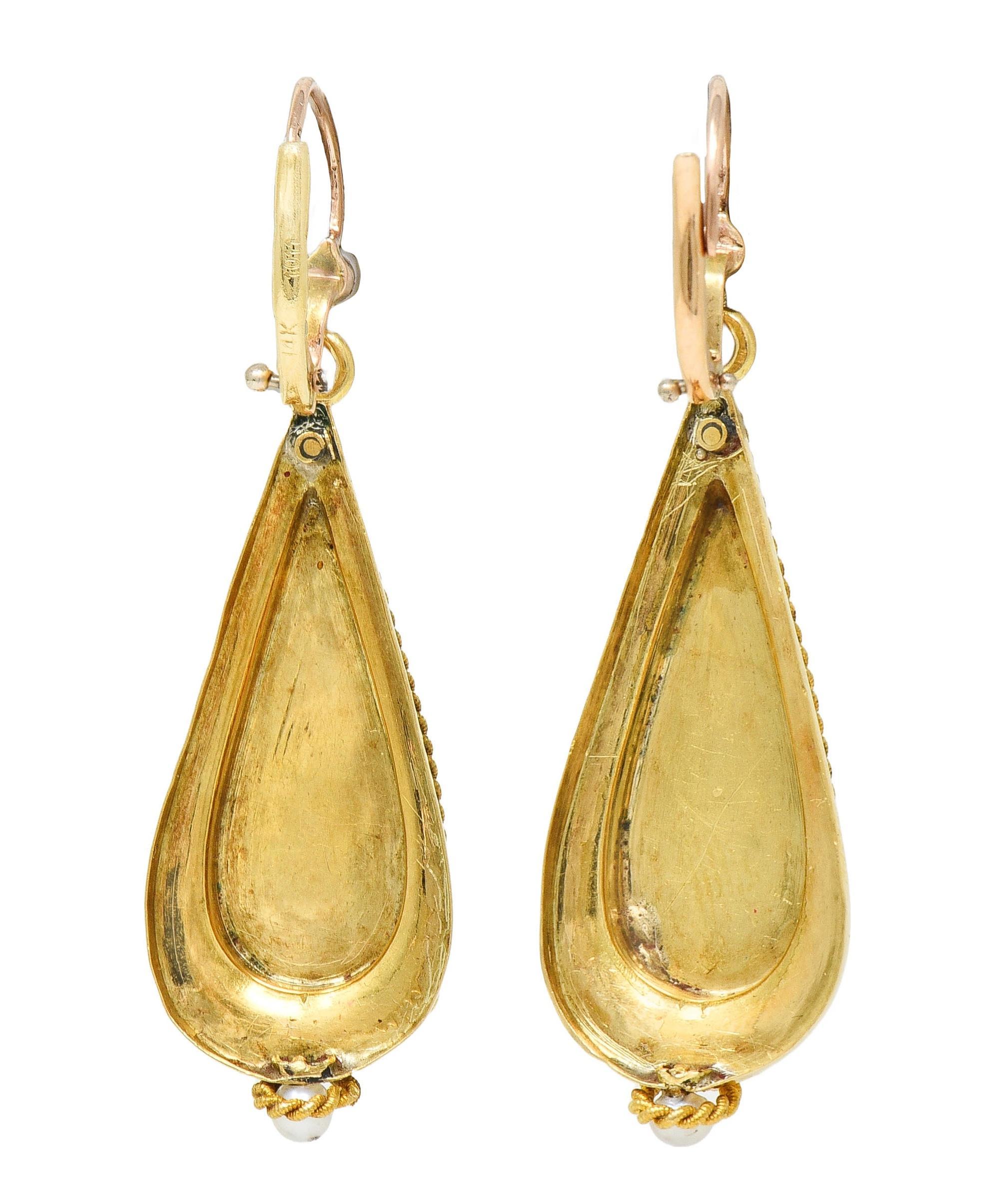 Victorian Enamel Pearl 14 Karat Yellow Gold Antique Painted Lady Drop Earrings In Excellent Condition For Sale In Philadelphia, PA