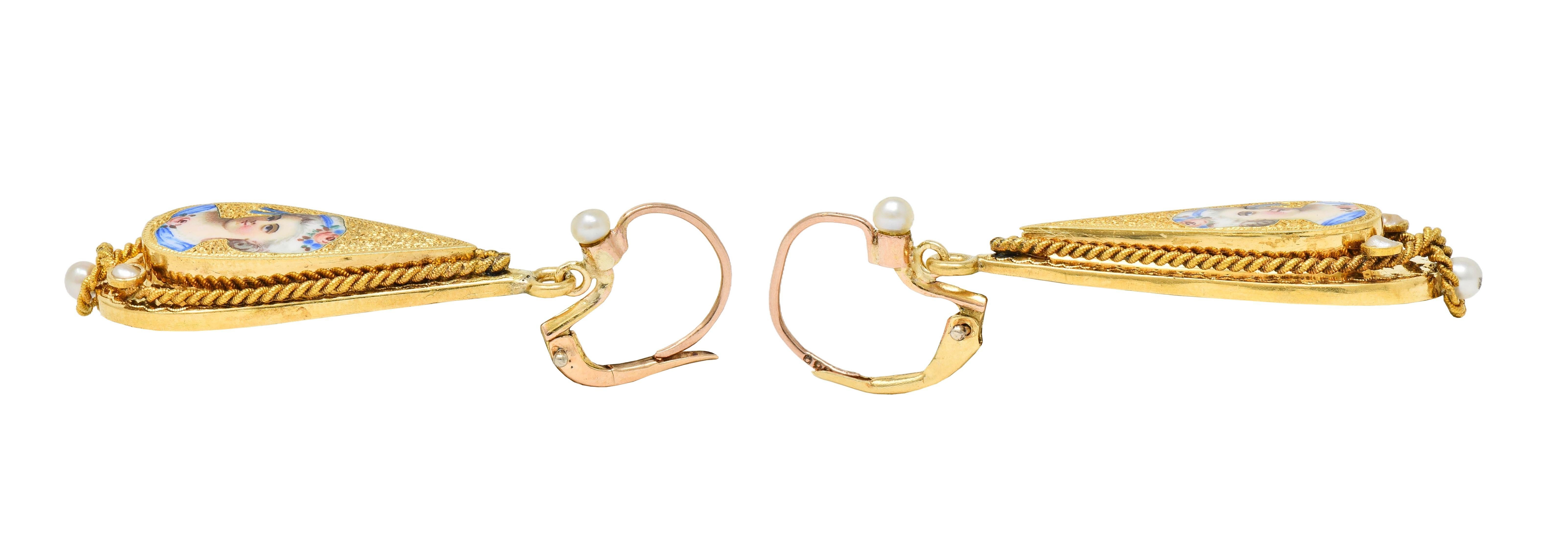 Victorian Enamel Pearl 14 Karat Yellow Gold Antique Painted Lady Drop Earrings For Sale 3