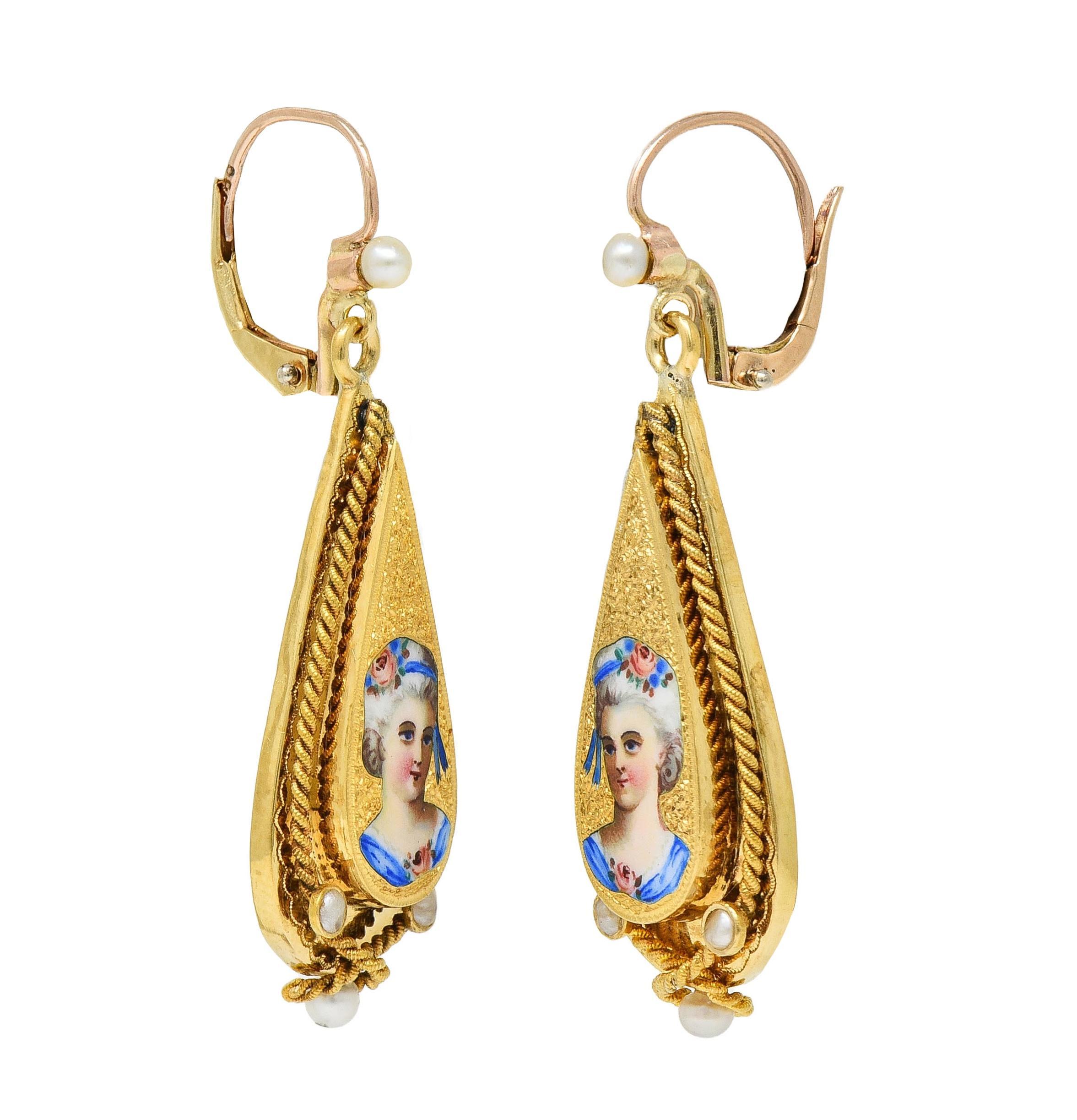 Victorian Enamel Pearl 14 Karat Yellow Gold Antique Painted Lady Drop Earrings For Sale 4