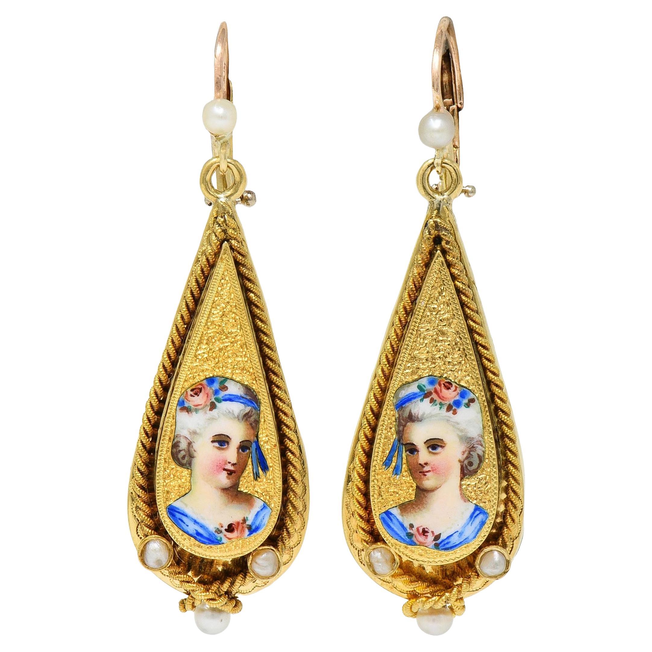 Victorian Enamel Pearl 14 Karat Yellow Gold Antique Painted Lady Drop Earrings