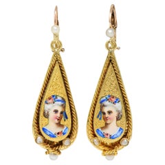 Victorian Enamel Pearl 14 Karat Yellow Gold Antique Painted Lady Drop Earrings