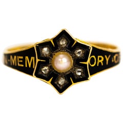 Victorian Enamel, Pearl and Diamond 18 Carat Locket Back Mourning Ring