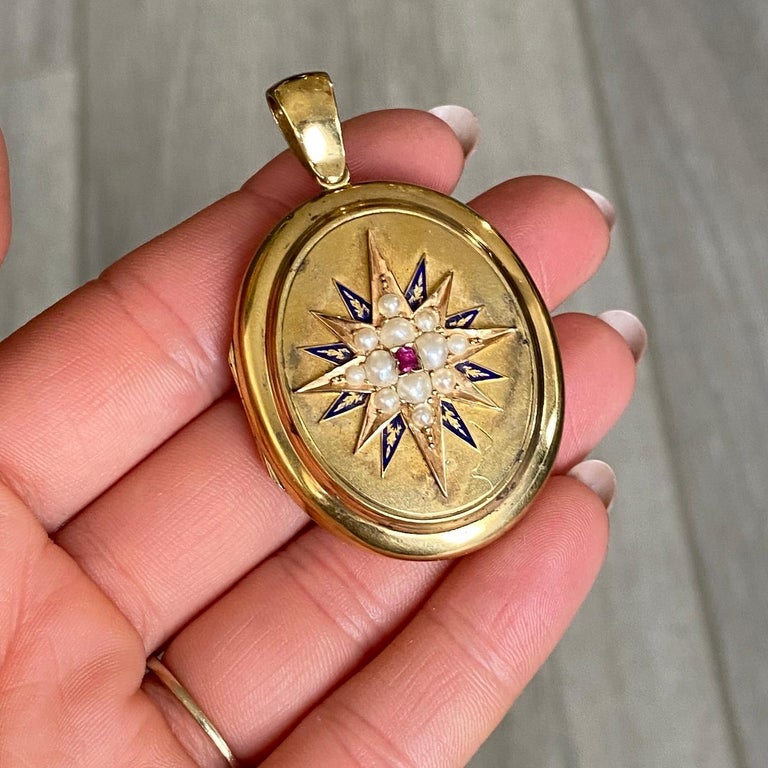 Victorian Enamel, Pearl and Ruby 18 Carat Gold Locket at 1stDibs