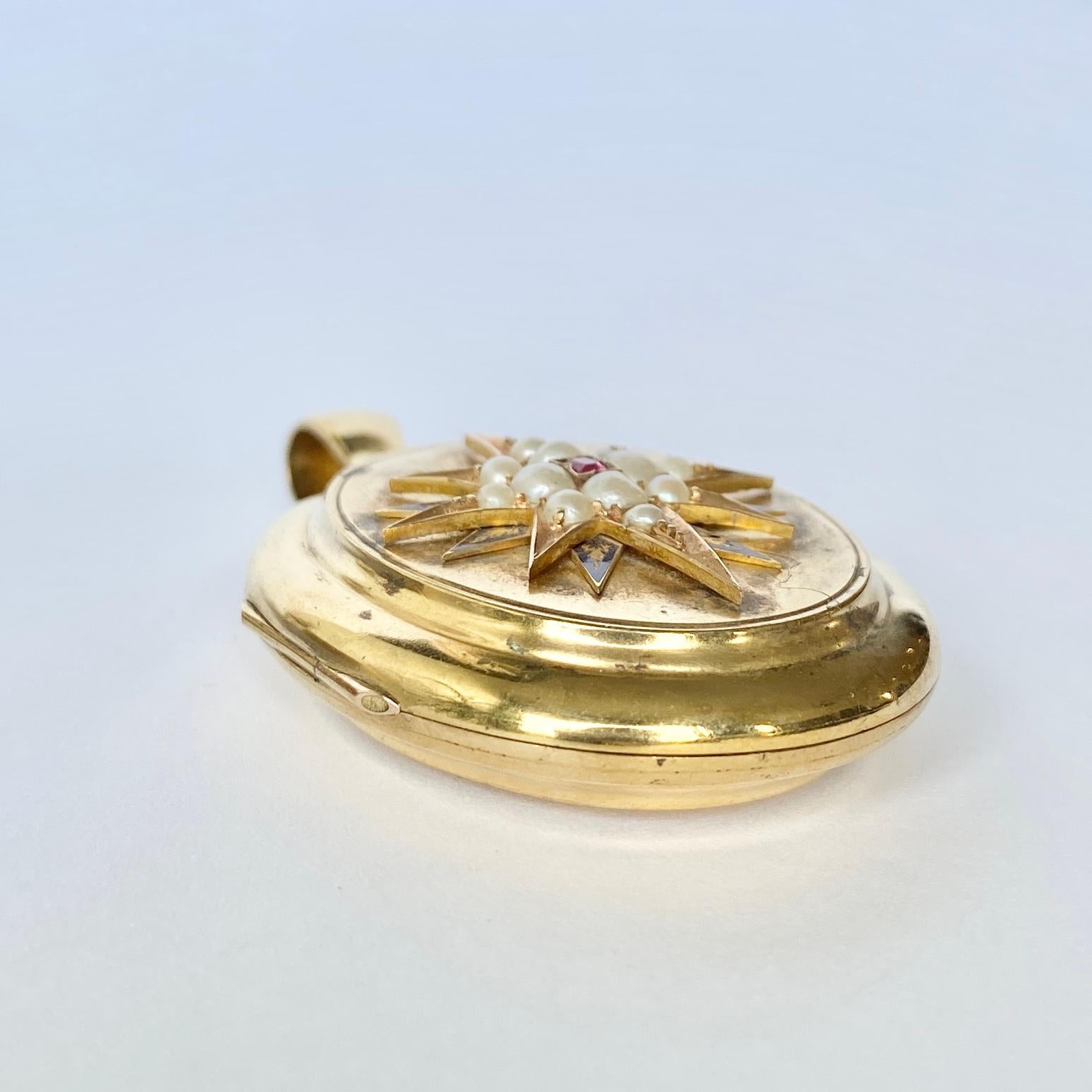 Women's Victorian Enamel, Pearl and Ruby 18 Carat Gold Locket