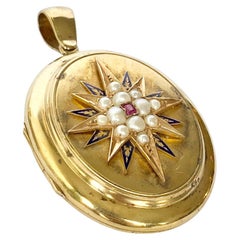 Antique Victorian Enamel, Pearl and Ruby 18 Carat Gold Locket