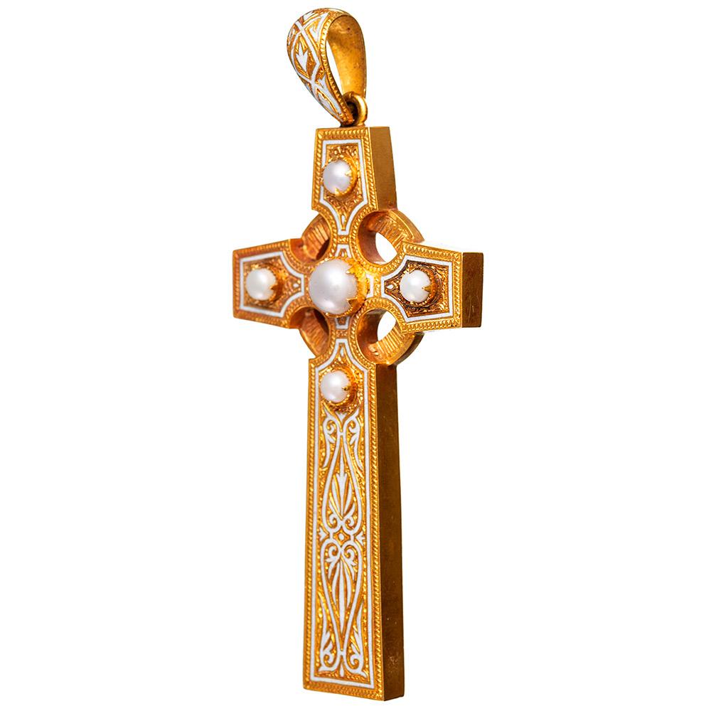 Victorian Enamel and Pearl Cross Pendant In Good Condition In Carmel-by-the-Sea, CA