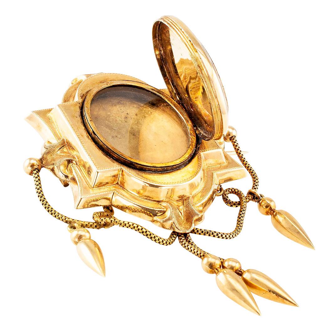 Victorian Enamel Pearl Gold Brooch Locket In Good Condition In Los Angeles, CA