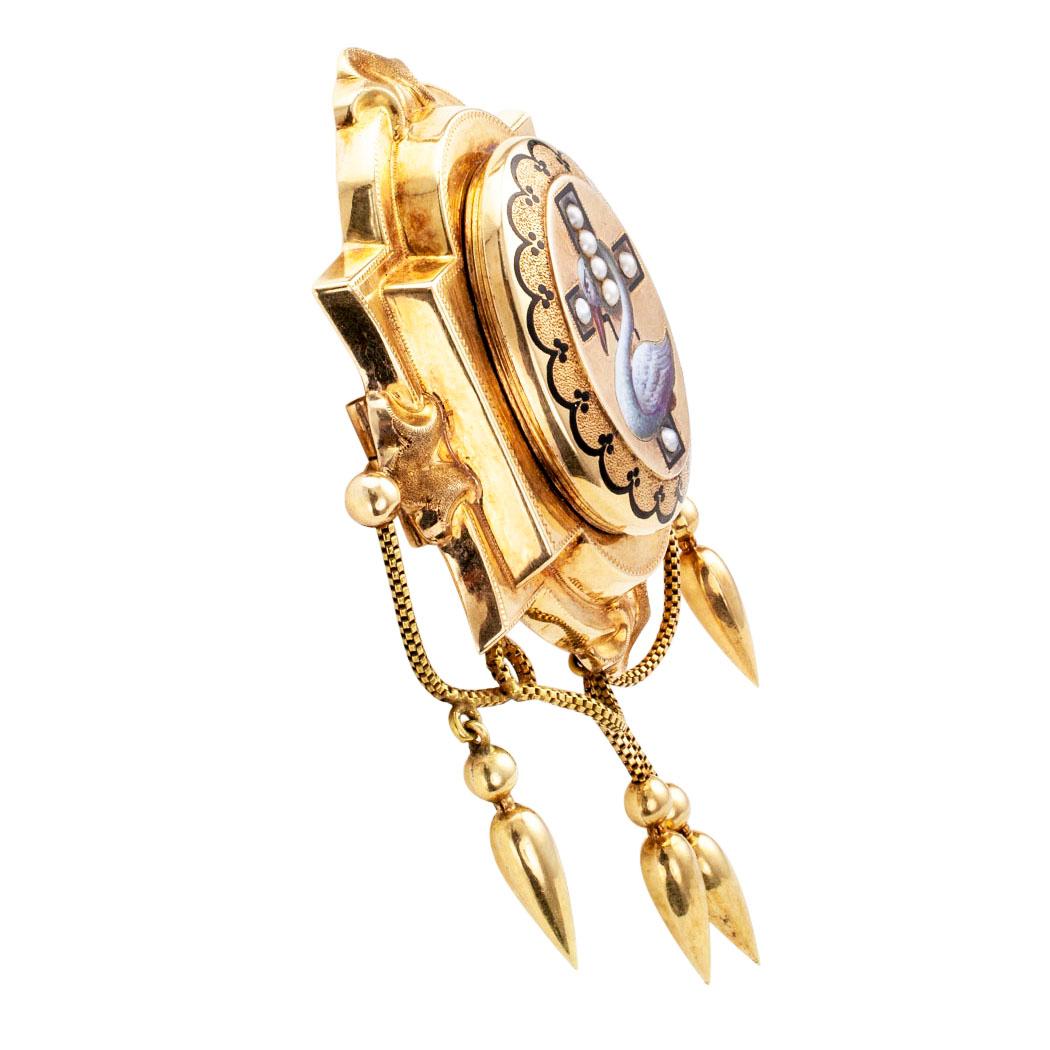 Women's Victorian Enamel Pearl Gold Brooch Locket