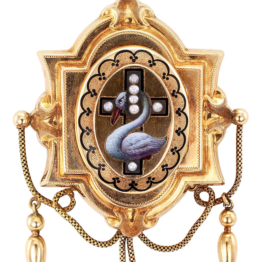 Victorian Enamel Pearl Gold Brooch Locket 2