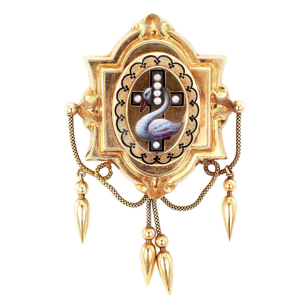 Victorian Enamel Pearl Gold Brooch Locket