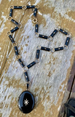 Victorian Enamel Pearl Locket Necklace Sterling Silver Star Motif Circa 1860