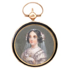 Antique Victorian Enamel Portrait 14K Rose Gold Pendant